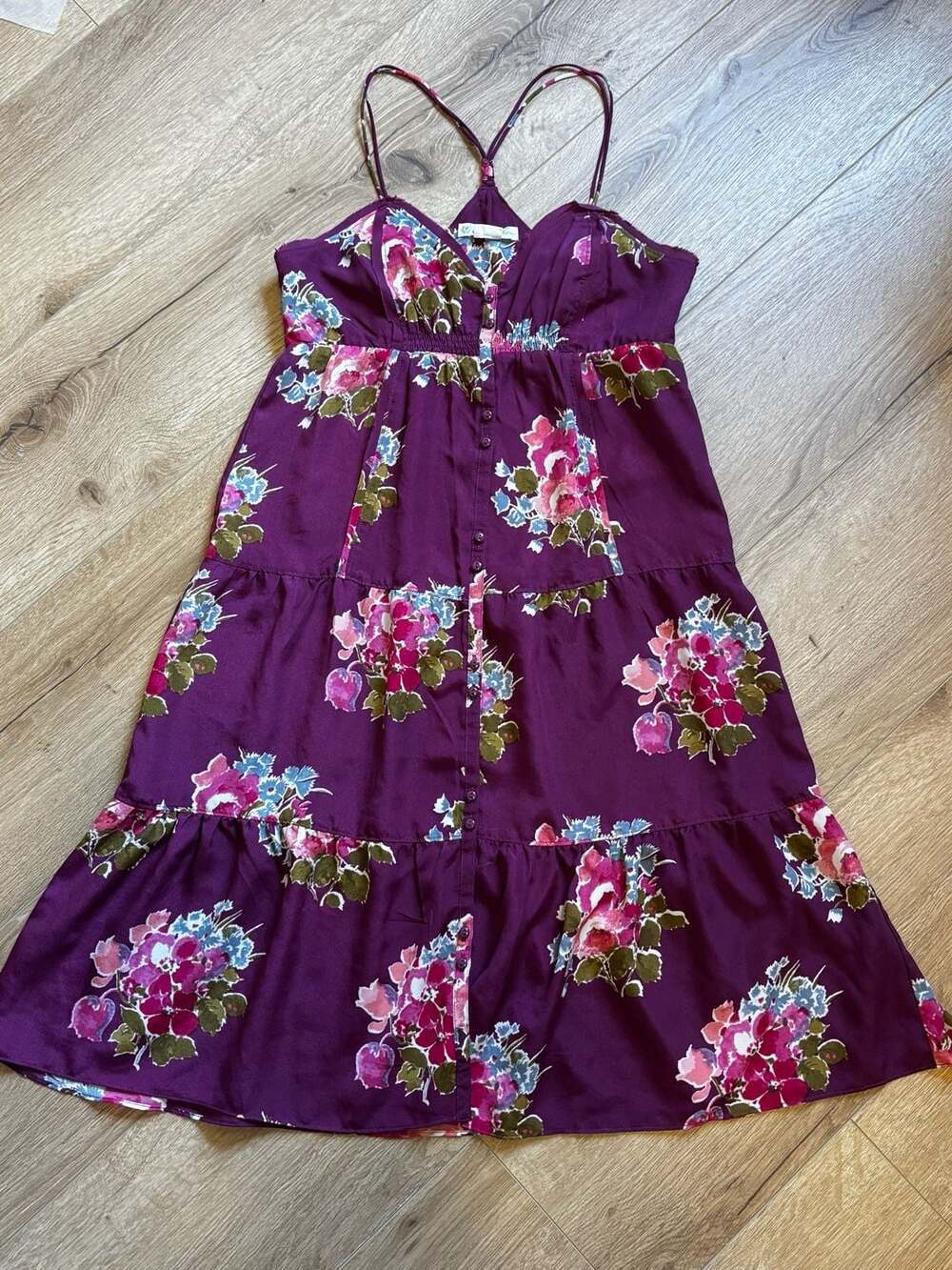 American Eagle Outfitters Purple Floral Tiered Button-Down Midi Dress Size 6